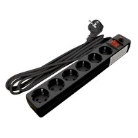 Сетевой фильтр UNIVersal (967U-4005) с заземлением 5 м 10 А 230 В 2,2 кВт 6 розеток ПВС 3х0,75 мм2 IP20 с выключателем и защитными шторками черный