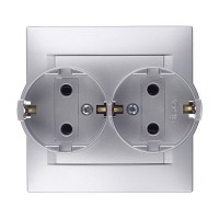 Розетка с рамкой Simon 15 1590459-033 двойная скрытая установка алюминий с заземлением