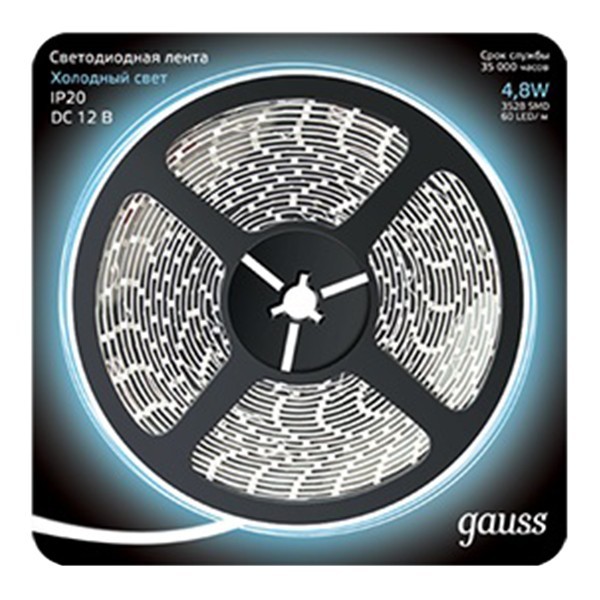 Лента светодиодная SMD 2835 Gauss 6500К холодный белый свет 4,8 Вт 12 В IP20 5 м