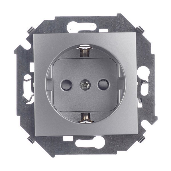 Розетка Simon 15 1591443-033 скрытая установка алюминий с заземлением со шторками