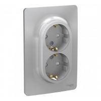 Розетка с рамкой Schneider Electric Unica NEW NU206730 двойная скрытая установка алюминий с заземлением со шторками винтовой зажим