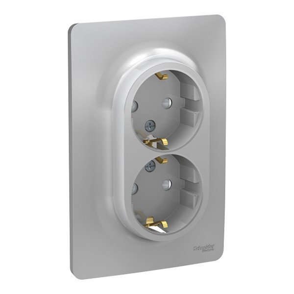 Розетка с рамкой Schneider Electric Unica NEW NU206730 двойная скрытая установка алюминий с заземлением со шторками винтовой зажим