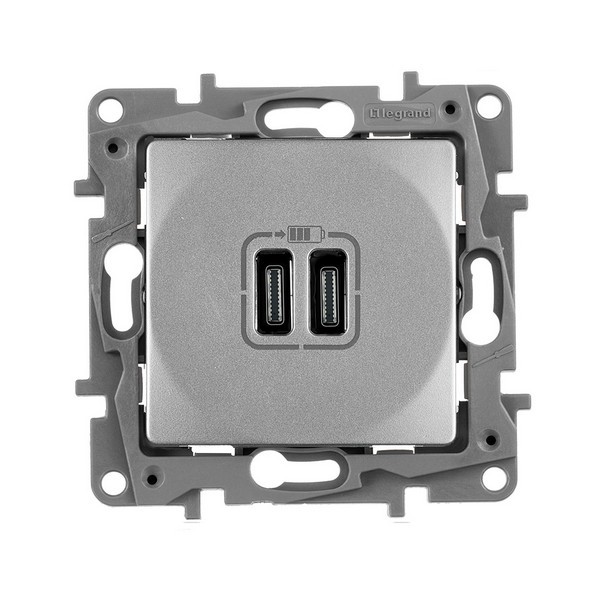 Розетка USB Legrand Etika 672435 скрытая установка алюминий два модуля USB