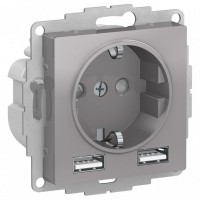 Розетка Schneider Electric Atlas Design ATN000330 скрытая установка алюминий с заземлением два модуля USB