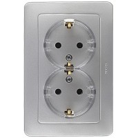 Розетка с рамкой HEGEL Master РС16-381-06 двойная скрытая установка серебро с заземлением тонкая