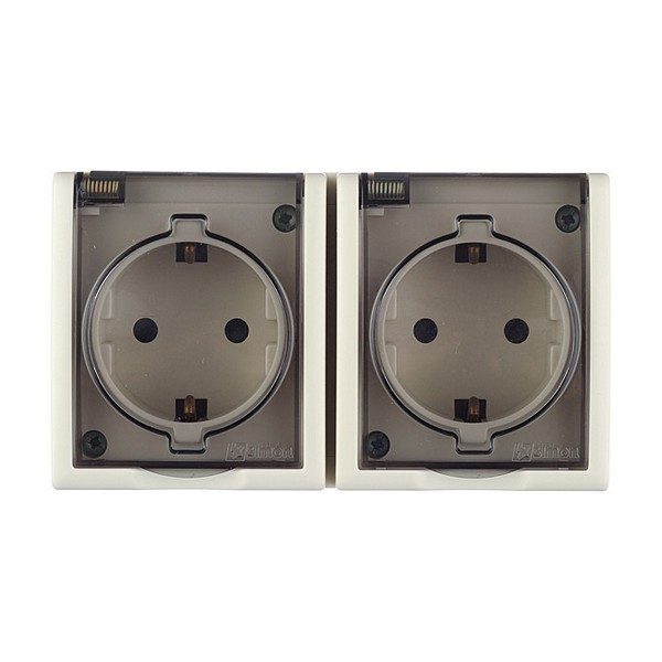 Розетка Simon 15 Aqua двойная 1594443-031 открытая установка слоновая кость с заземлением IP54 с крышкой со шторками