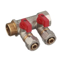 Коллектор 3/4 ВР(г) х 2 выхода 16 обж(ц) х 3/4 НР(ш) с шаровыми кранами