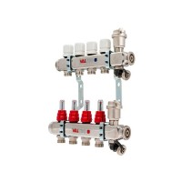 Коллекторная группа VALTEC (VTc.586.EMNX.0605) 1 ВР(г) х 5 выходов 3/4 НР(ш) ЕК х 1 ВР(г) с расходомерами нержавеющая сталь