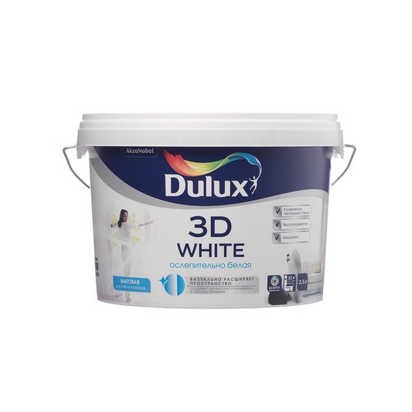 Краска водно-дисперсионная интерьерная Dulux 3D White белая основа BW 2,5 л