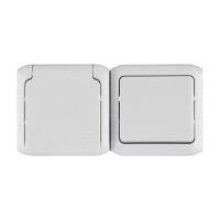 Блок выключателя с розеткой Legrand Quteo 782348 одноклавишный открытая установка серый с заземлением IP44 со шторками
