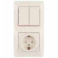Блок выключателя с розеткой с рамкой Schneider Electric Glossa GSL000274 двухклавишный скрытая установка бежевый с заземлением со шторками