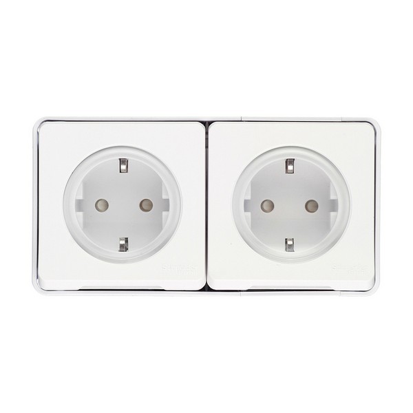 Розетка Schneider Electric Mureva S двойная MUR39035 открытая установка белая с заземлением IP55 влагозащищенная со шторками