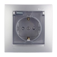 Розетка с рамкой Simon 15 1590450-033 скрытая установка алюминий с заземлением IP44 со шторками с крышкой