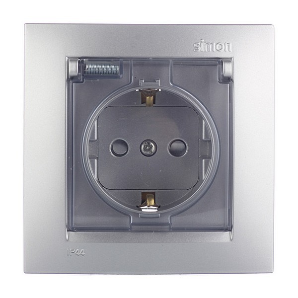 Розетка с рамкой Simon 15 1590450-033 скрытая установка алюминий с заземлением IP44 со шторками с крышкой
