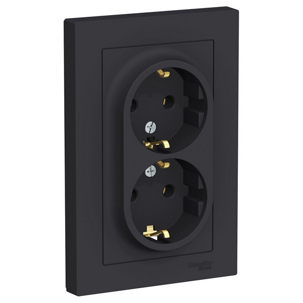 Розетка с рамкой Schneider Electric Atlas Design ATN001024 двойная скрытая установка карбон с заземлением