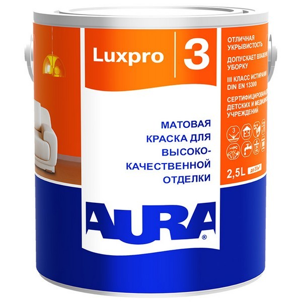 Краска водно-дисперсионная Aura LuxPro 3 влагостойкая белая основа А 2,5 л