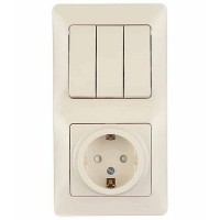 Блок выключателя с розеткой с рамкой Schneider Electric Glossa GSL000278 трехклавишный скрытая установка бежевый с заземлением со шторками