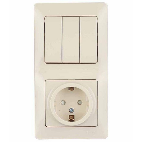 Блок выключателя с розеткой с рамкой Schneider Electric Glossa GSL000278 трехклавишный скрытая установка бежевый с заземлением со шторками