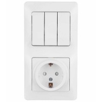 Блок выключателя с розеткой с рамкой Schneider Electric Glossa GSL000178 трехклавишный скрытая установка белый с заземлением со шторками