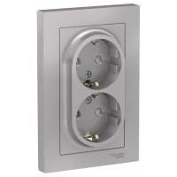 Розетка с рамкой Schneider Electric Atlas Design ATN000326 двойная скрытая установка алюминий с заземлением со шторками