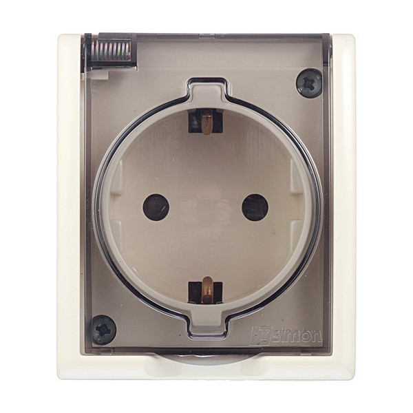 Розетка Simon 15 Aqua 1594432-031 открытая установка слоновая кость с заземлением IP54 с крышкой со шторками