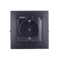 Розетка с рамкой Simon 15 1590450-038 скрытая установка графит с заземлением IP44 со шторками с крышкой