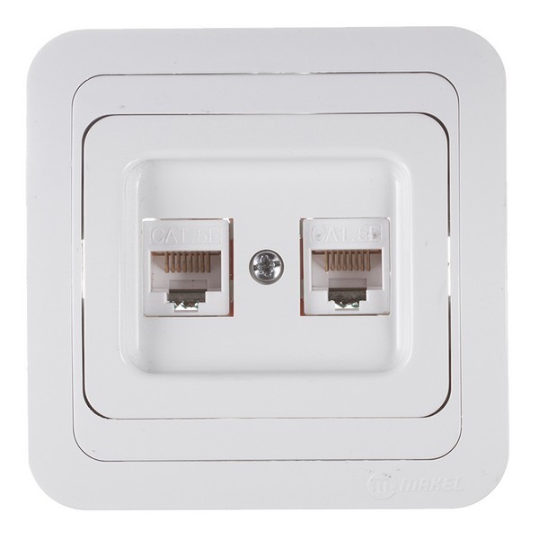 Розетка компьютерная с рамкой Makel Mimoza 12036 скрытая установка белая два модуля RJ45 cat 5e