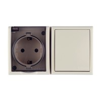 Блок выключателя с розеткой Simon 15 Aqua 1594511-031 одноклавишный открытая установка слоновая кость с заземлением IP54 с крышкой